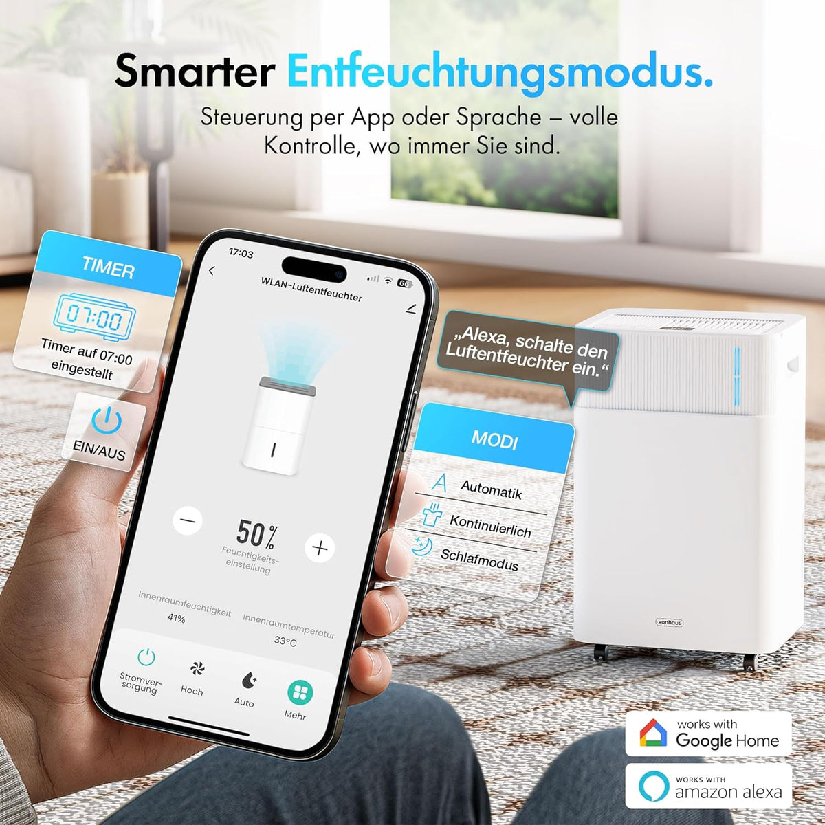 VonHaus Elektrische luchtontvochtiger, 20 l/dag, 4,5 l waterreservoir, wifi/smart kamerontvochtiger tegen vocht, condensatie, schimmel en geuren, luchtontvochtiger voor wasgoed, thuis, slaapkamer