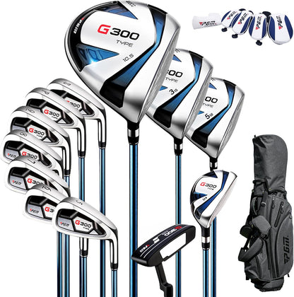 PGM 18-delige golfclubset voor heren, 12 stuks clubs - titanium #1 driver, trekvooringenomen hybride, sterke ijzers, vergevingsgezinde putter, standbag met 5 hoofddeksels