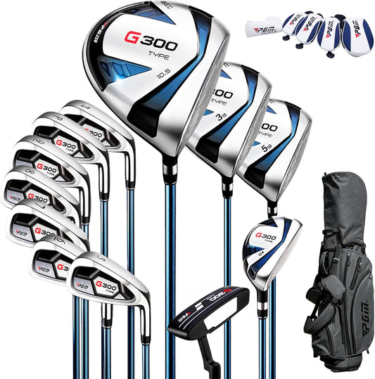 PGM 18-delige golfclubset voor heren, 12 stuks clubs - titanium #1 driver, trekvooringenomen hybride, sterke ijzers, vergevingsgezinde putter, standbag met 5 hoofddeksels