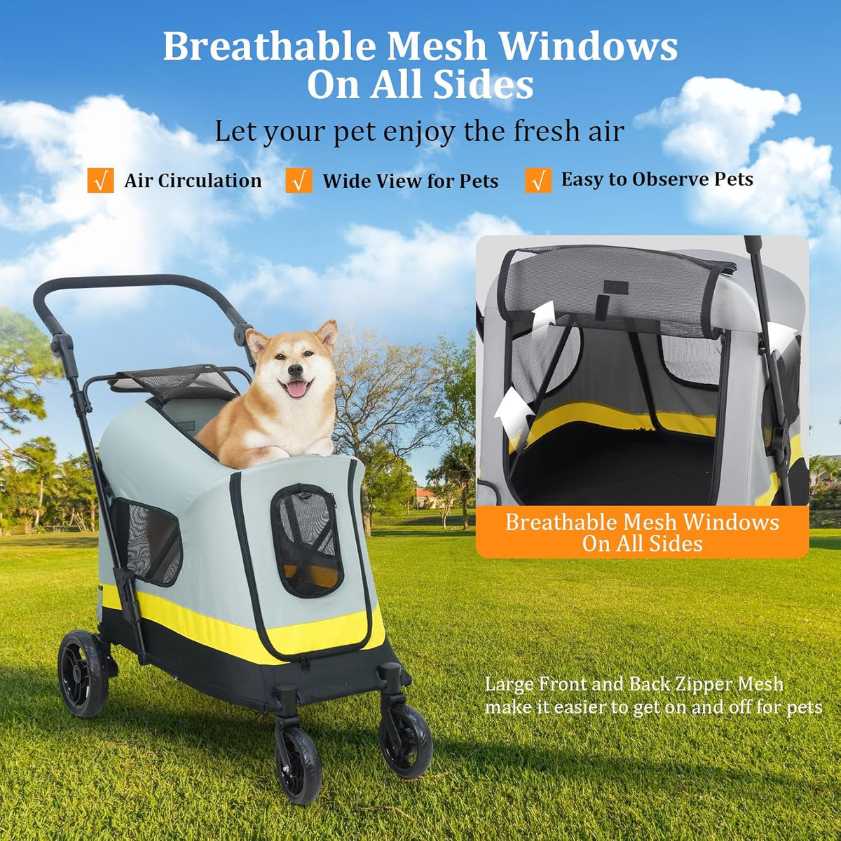 BingoPaw Hondenwagen voor kleine honden, opvouwbare hondenbuggy tot 20 kg, hondrolley met 4 wielen, 3 netramen, verstelbare handgreep, veiligheidsgordel, voor boswandeling, stadswandeling en