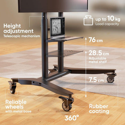 Verrijdbare TV-Standaard Zwart – TV-Stand Met Wielen, TV-Wagen, TV-Voet, Vloerstandaard – 55-90 Inch, Tot 75 Kg – In Hoogte Verstelbaar