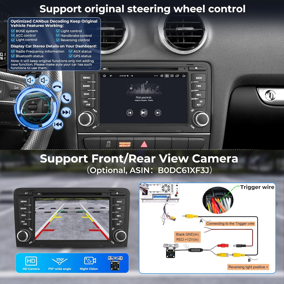 7 inch autoradio voor Audi A3 S3 RS3 8P met cd-/dvd-speler, 8-core 4+64GB head-unit Ingebouwde gyroscoop Draadloze Carplay/Android Auto GPS-navigatie WiFi 4G Bluetooth FM/AM RDS DSP SWC