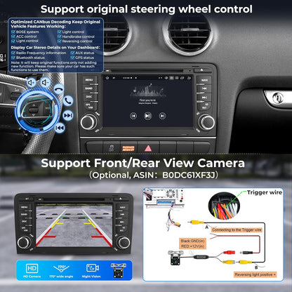 7 inch autoradio voor Audi A3 S3 RS3 8P met cd-/dvd-speler, 8-core 4+64GB head-unit Ingebouwde gyroscoop Draadloze Carplay/Android Auto GPS-navigatie WiFi 4G Bluetooth FM/AM RDS DSP SWC