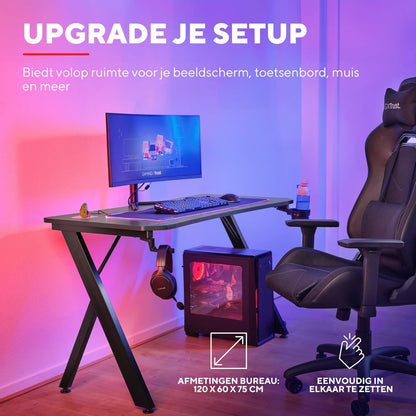 Trust Gaming GXT 712 Dynamus Gaming Bureau 120 x 60 cm, Gaming Desk met Headsethaak en Bekerhouder, Metalen Frame, Gaten voor Kabelbeheer, Office Desk voor Kantoor Studie Streaming Werk, Zwart