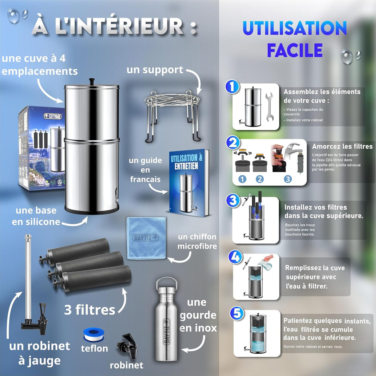 Waterzuiveraar met zwaartekracht – Waterfilter – Waterdispenser – Waterfontein – Waterfilterkraan – 8,5 liter – Actieve koolfilter zonder stroom