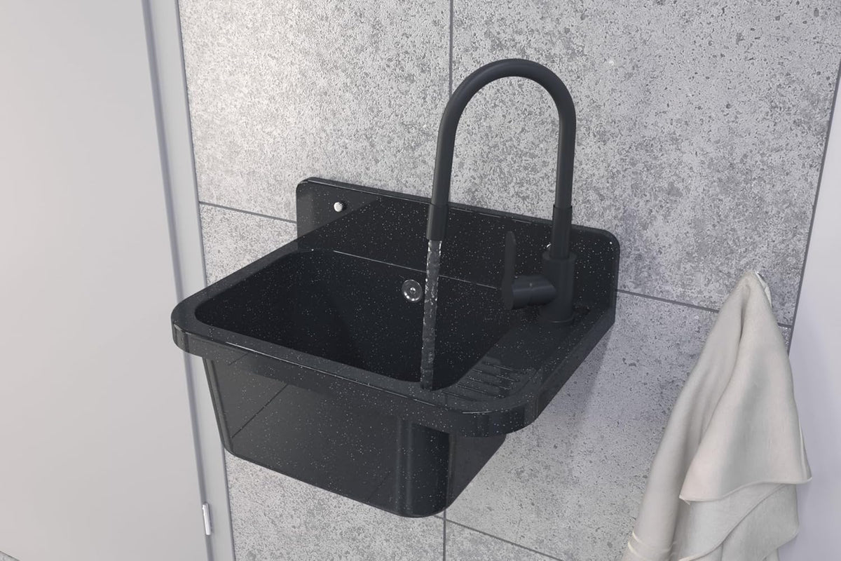 Granitan Gootsteen voor garage, kelder, werkplaats en waskeuken, universele wastafel met sifon, wastafel, wandmontage, 50 x 34 x 31 cm (zwart + wastafelarmatuur FLEX)
