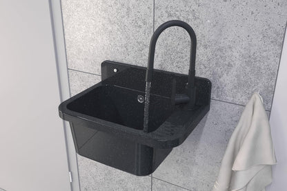 Granitan Gootsteen voor garage, kelder, werkplaats en waskeuken, universele wastafel met sifon, wastafel, wandmontage, 50 x 34 x 31 cm (zwart + wastafelarmatuur FLEX)