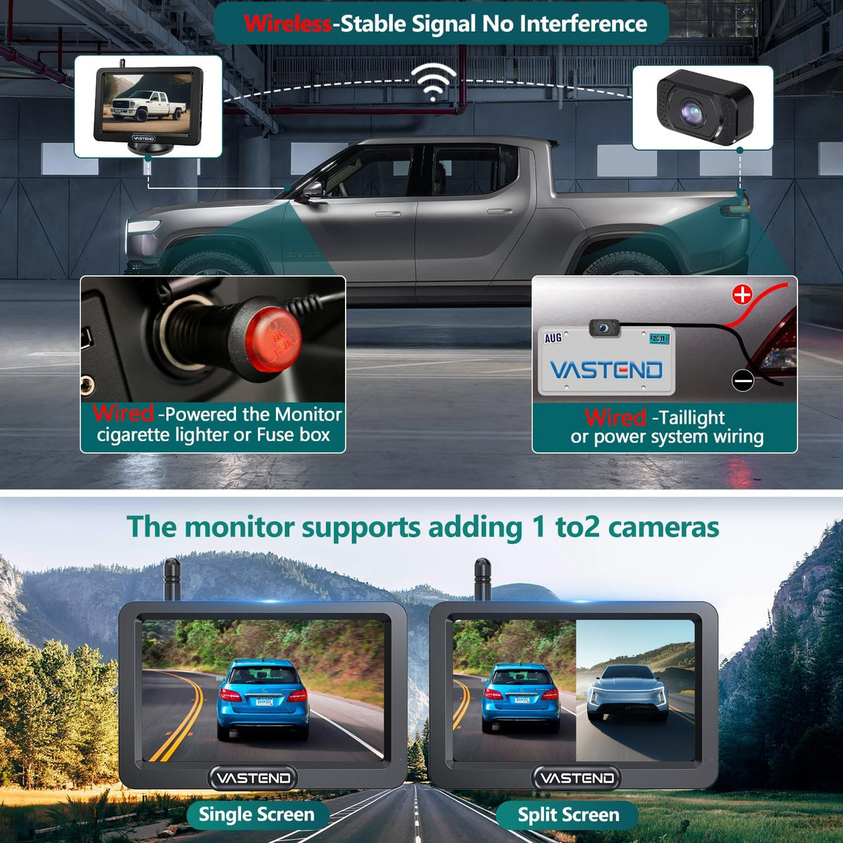 achteruitrijcamera Draadloze HD 1080P autocamera, 5'' monitor, gesplitst scherm 2 kanalen, waterdichte nachtzicht achteruitrijcamera set voor auto, SUV, personenauto (V02)