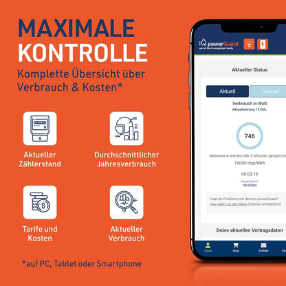 iQ powerGuard - Slimme stroommeter incl. interface, iQ Cloud, app, alarmfunctie & WLAN - Digitale bewaking van stroomverbruik & kosten - stroommeter & stroomverbruikmeter met wifi