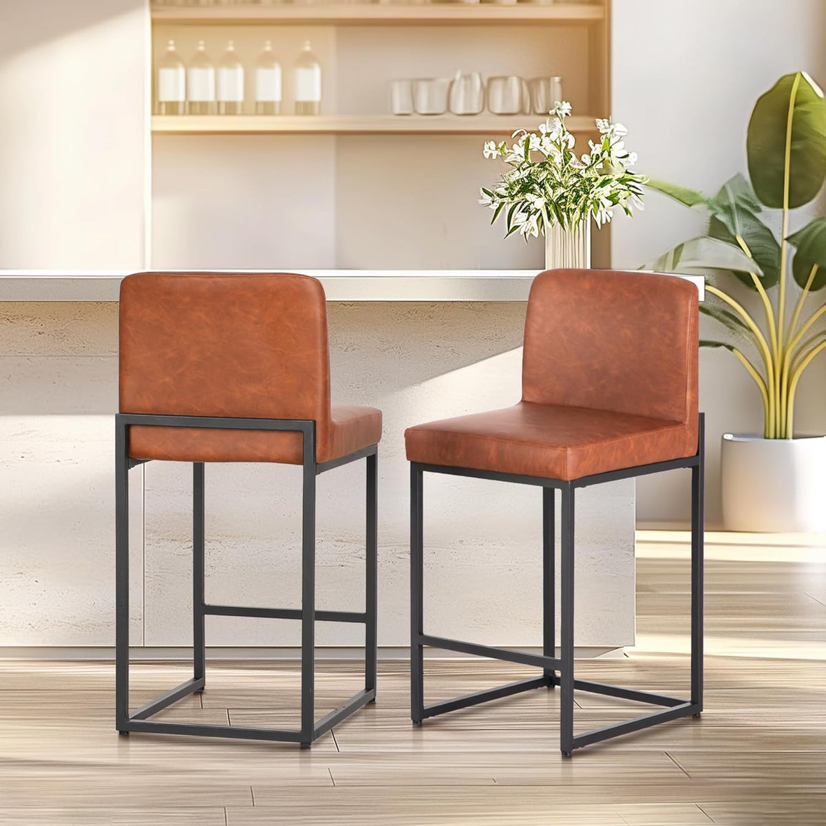 ALPHA HOME Bar Stool Set of 2 Bar Stools with Backrest, PU Leather, Kitchen Stool, Bar Chair, Set of 2 with Footrest, for Countertop, Stable Metal Steel Frame, Brown
