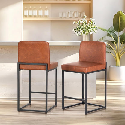 ALPHA HOME Bar Stool Set of 2 Bar Stools with Backrest, PU Leather, Kitchen Stool, Bar Chair, Set of 2 with Footrest, for Countertop, Stable Metal Steel Frame, Brown