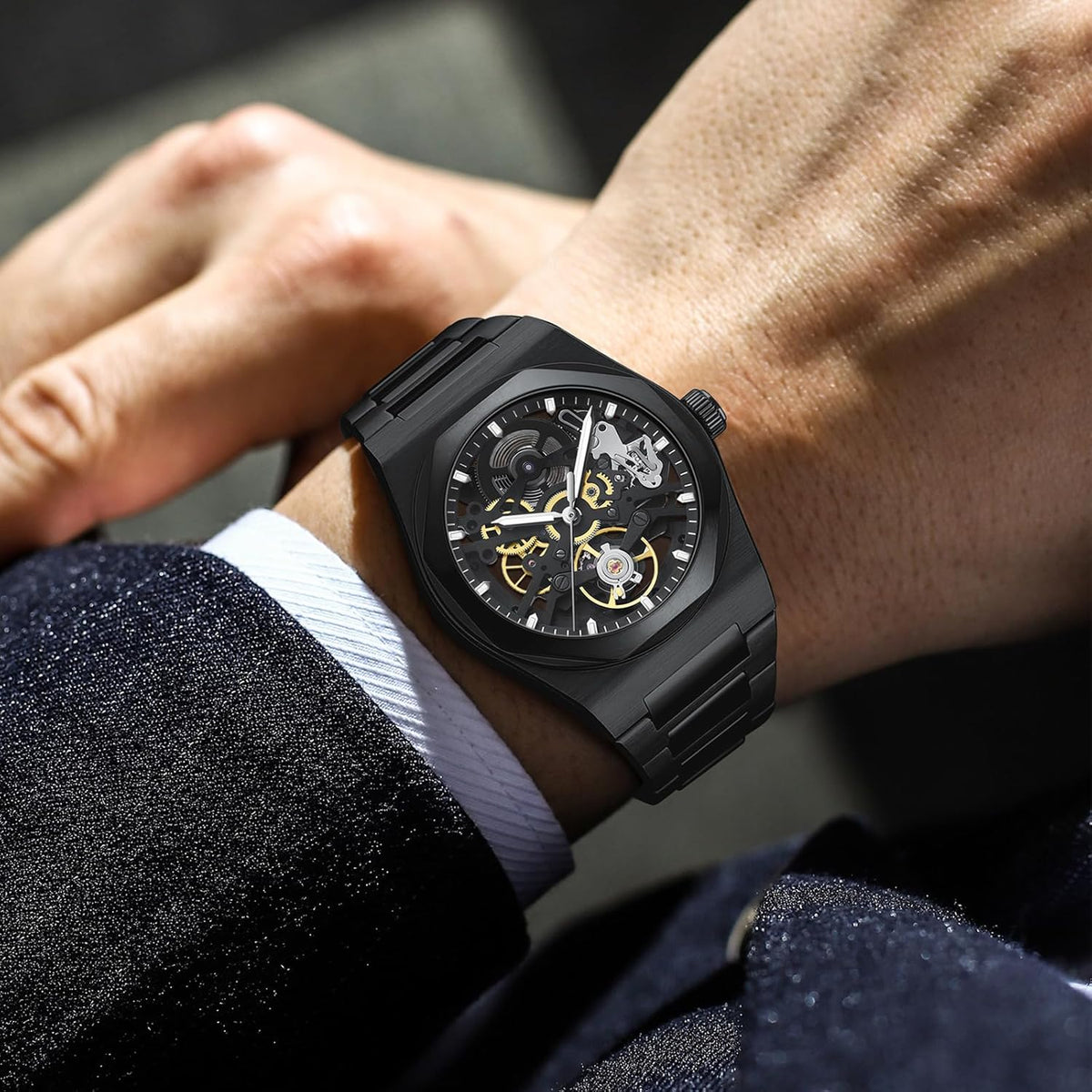 Automatisch herenhorloge, skelet, automatisch uurwerk, precisie (38,5 mm), van 316L staal, waterdicht 10 ATM, krasbestendig saffierglas