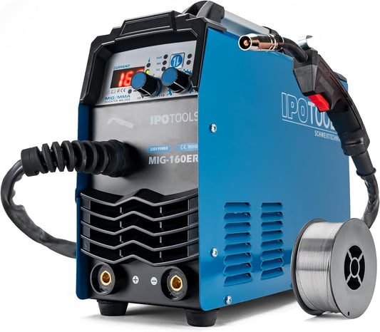 IPOTOOLS MIG-160ER MIG Lasapparaat, MIG MAG Lasapparaat, 160 ampère, voor FLUX/vuldraad en Elektroden, MMA, digitaal display, IGBT-technologie, 230 V