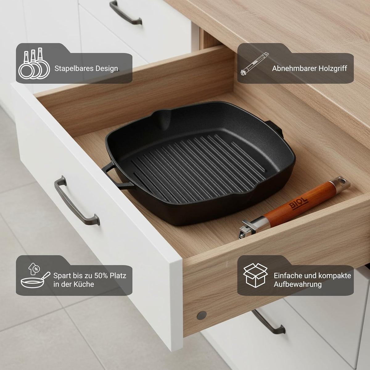 BIOL Cast Iron Pan Set + Grill Pan Round and Square (Parent Frying Pan Set 26 cm + Grill Pan 26 cm) - QUORE