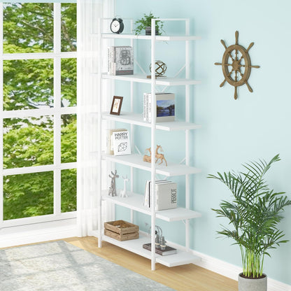 HSH Boekenkast met 6 niveaus, industriële opslag, metaal en hout, stabiel, duurzaam, voor woonkamer, kantoor, thuis, wit
