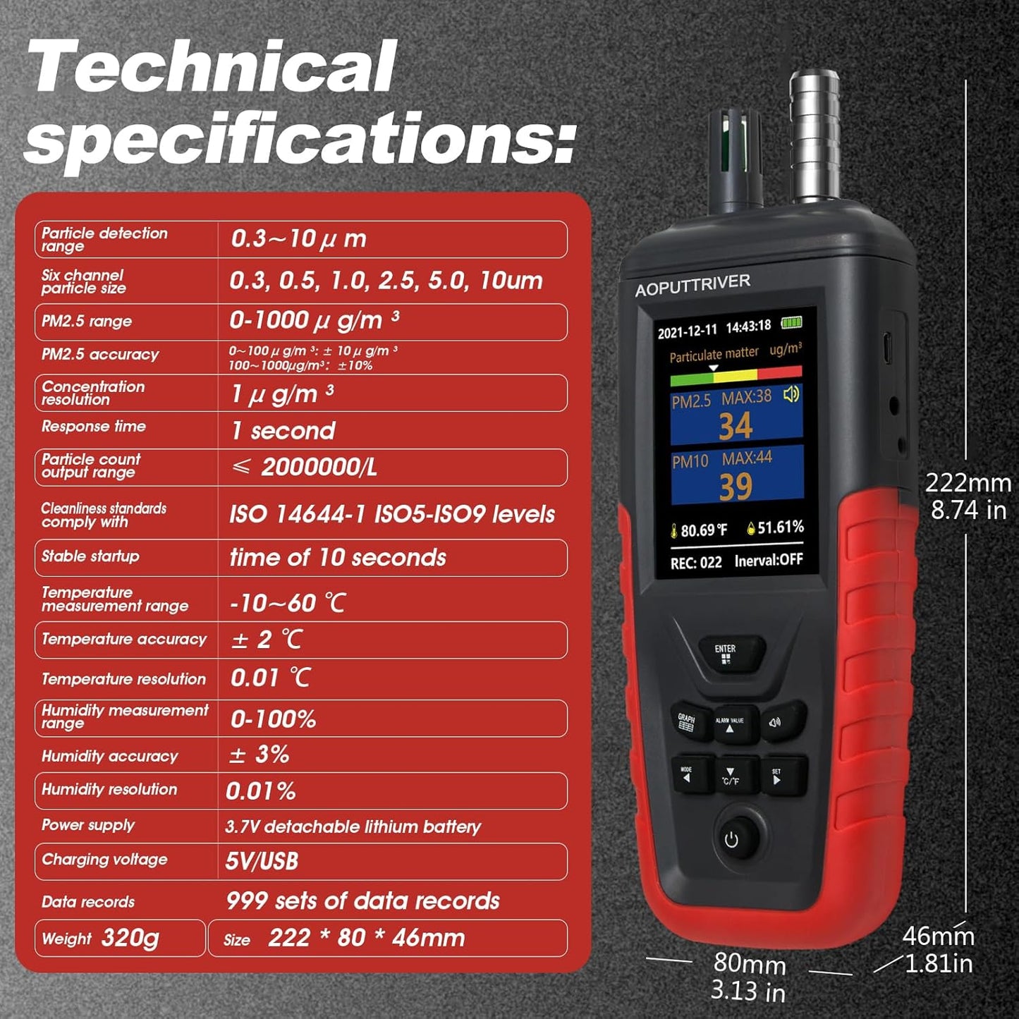 Luchtkwaliteitsmonitor, CO2-meter, deeltjesteller Home Air Quality tester met 6-kanaals PM0.3/0.5/1.0/2.5/5/10 om detectie met luchtvochtigheid, temperatuur, gegevensoverdracht/opslag