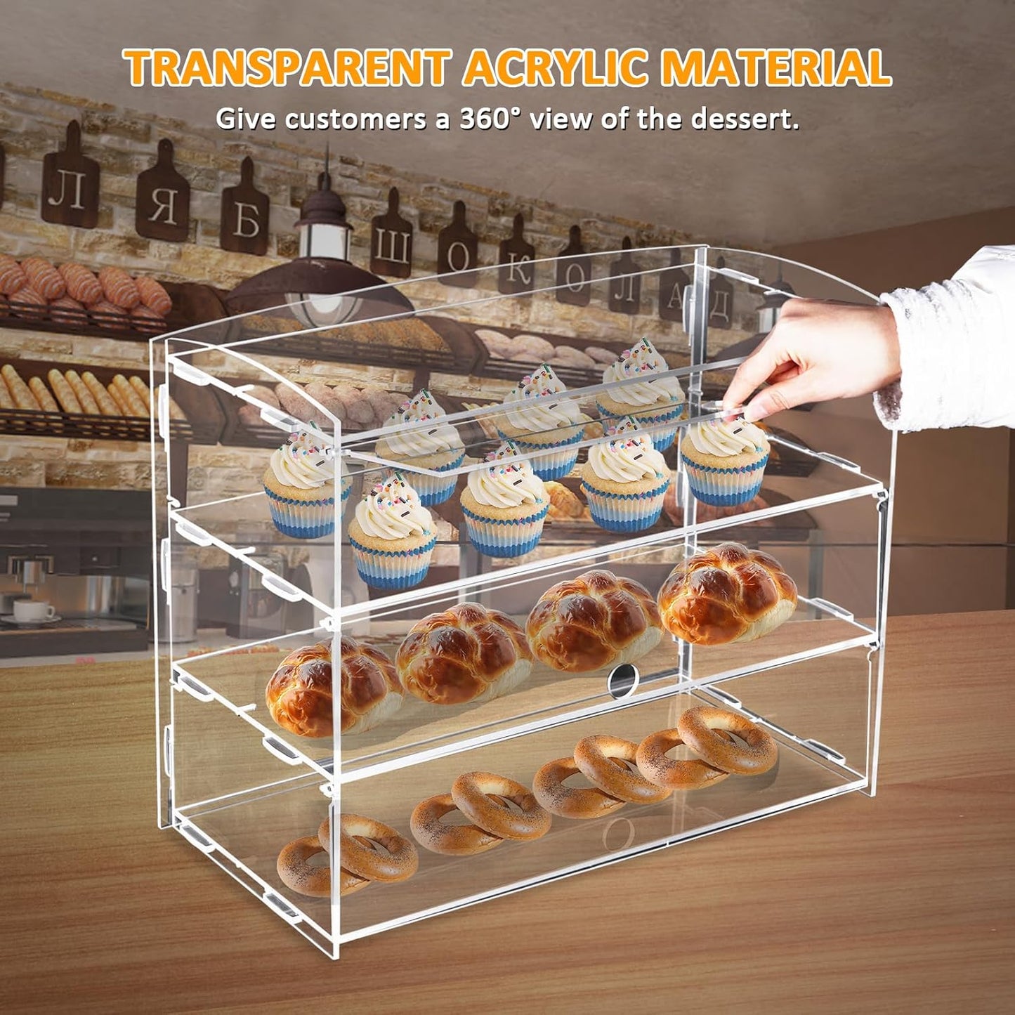 Acryl gebak vitrine – Taartvitrine, gebaksvitrine, displayvitrine, toonbankvitrine – 3 lagen – Doorzichtig acryl, beschermt tegen vocht en stof
