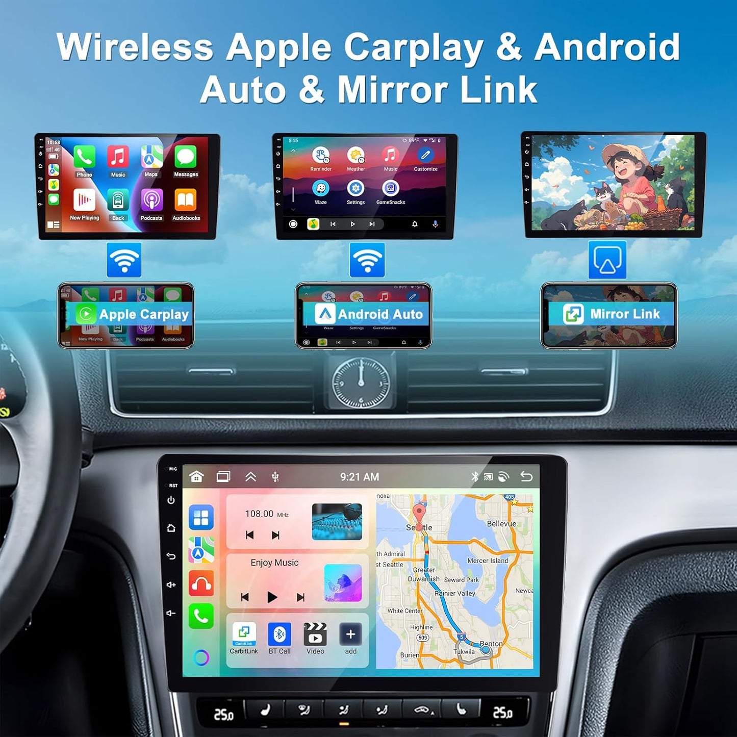 podofo autoradio, 8 kernen, 2-DIN autoradio, iOS, CarPlay, Android autoradio, 4 + 64 G, dubbele DIN 9 inch, 1280p IPS, touchscreen, stereo-radio met 32EQ DSP GPS, navigatie, wifi, Android auto en