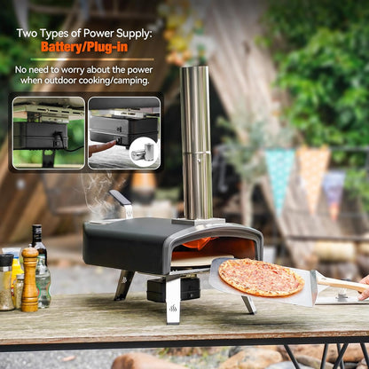 Mimiuo Pizzaoven met Roterende Functie en 33cm Rond Pizzasteen, Pizza-Houtkachel voor Houtskool en Brandhout, Outdoor Pizzaoven Voor Tuin, Camping, Draagbare Houtoven