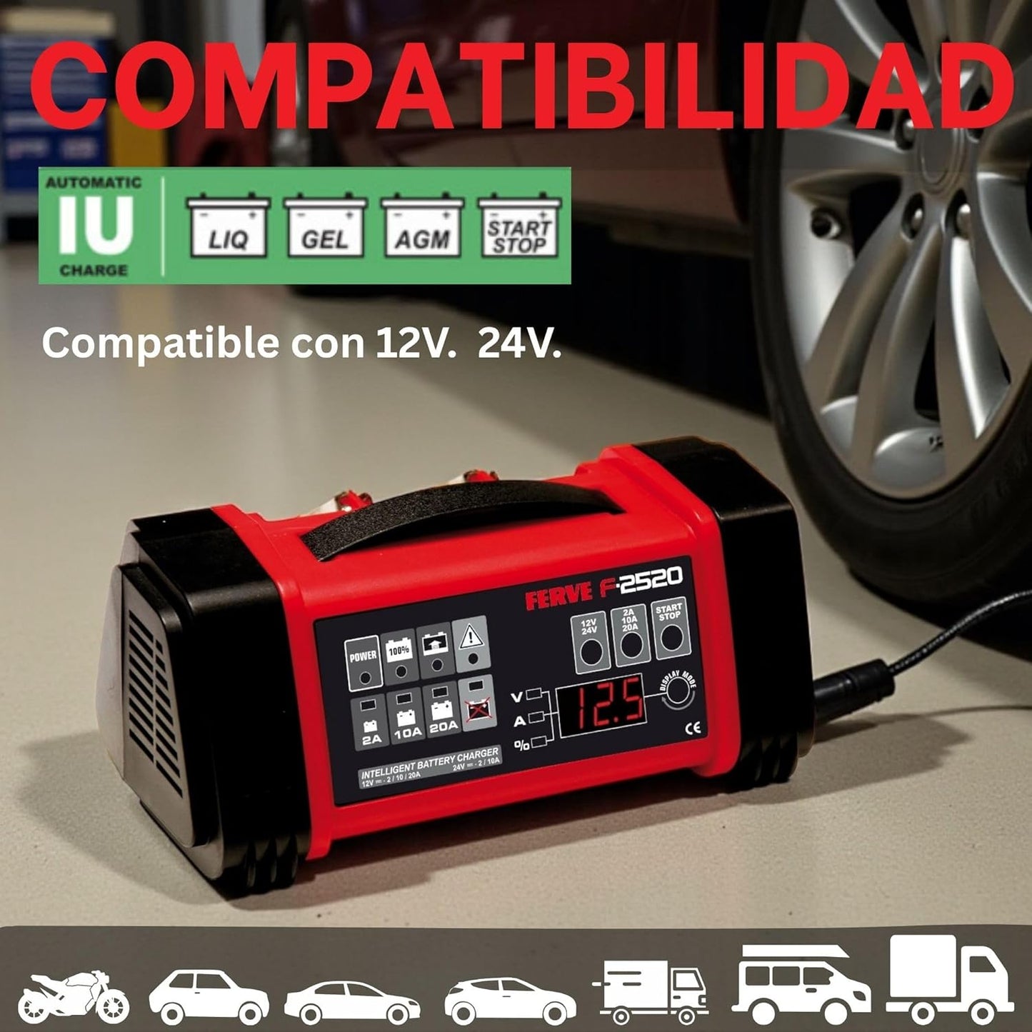 Automatische Oplader Loodzuuraccu – Acculader Batterijlader Batterijoplader Accubooster – 12V/24V Display Volt Ampère – Voor 4-230 Ah AGM Gel Vloeibaar Start-Stop