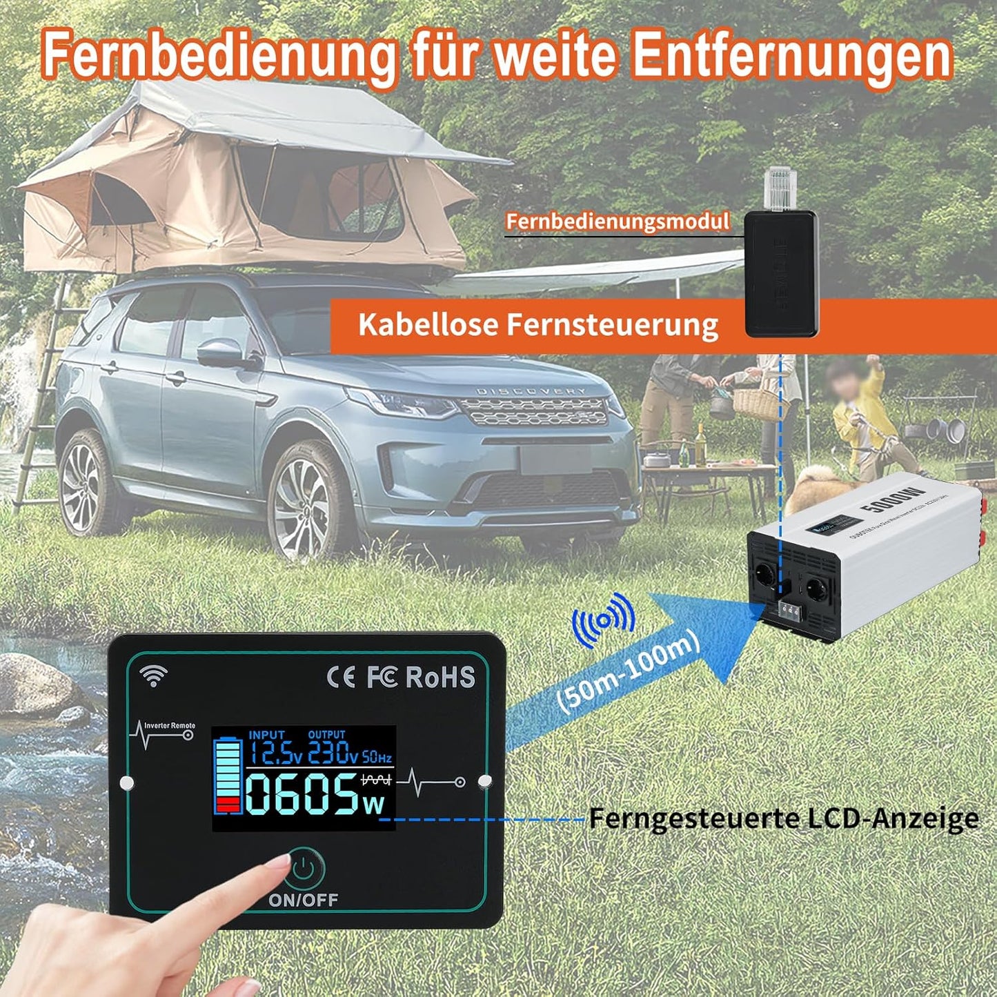 omvormer 5000W zuivere sinus DC 12V naar AC 230V met draadloze afstandsbediening LCD-scherm 2 AC-stopcontacten 1 AC-rijklem, spanningstransformator voor camper thuis off-grid zonne-energie