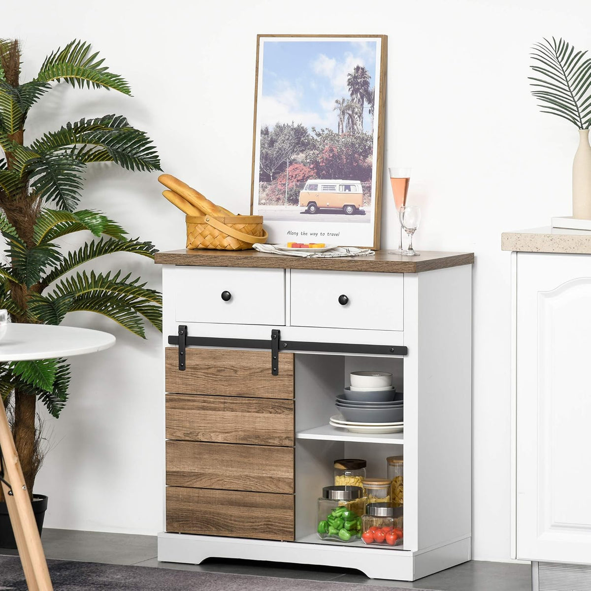 HOMCOM kitchen cabinet sideboard with 2 drawers wine racks sliding door sideboard adjustable shelves storage cabinet rustic white 80 x 39 x 86cm - QUORE