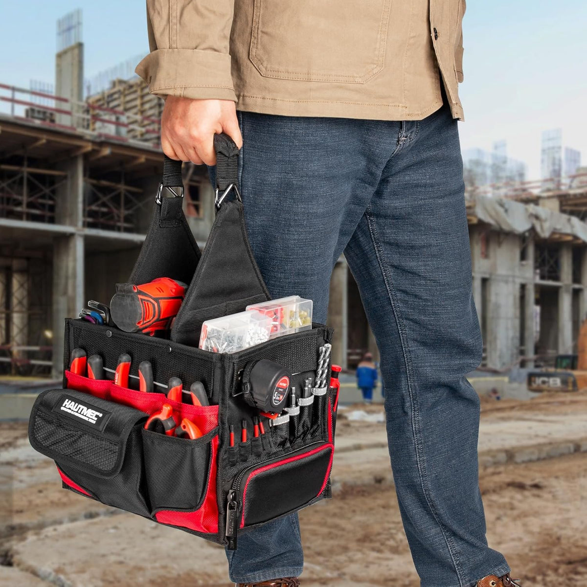 HAUTMEC Elektricien Gereedschapstas met onderdelenlade, waterbestendige HVAC-gereedschapstas, Heavy-Duty 37-Pocket Open Top Tool Tote met versterkte basis, verstelbare schouderriem - HT0174