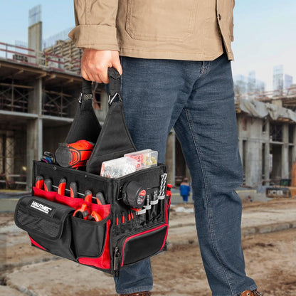 HAUTMEC Elektricien Gereedschapstas met onderdelenlade, waterbestendige HVAC-gereedschapstas, Heavy-Duty 37-Pocket Open Top Tool Tote met versterkte basis, verstelbare schouderriem - HT0174