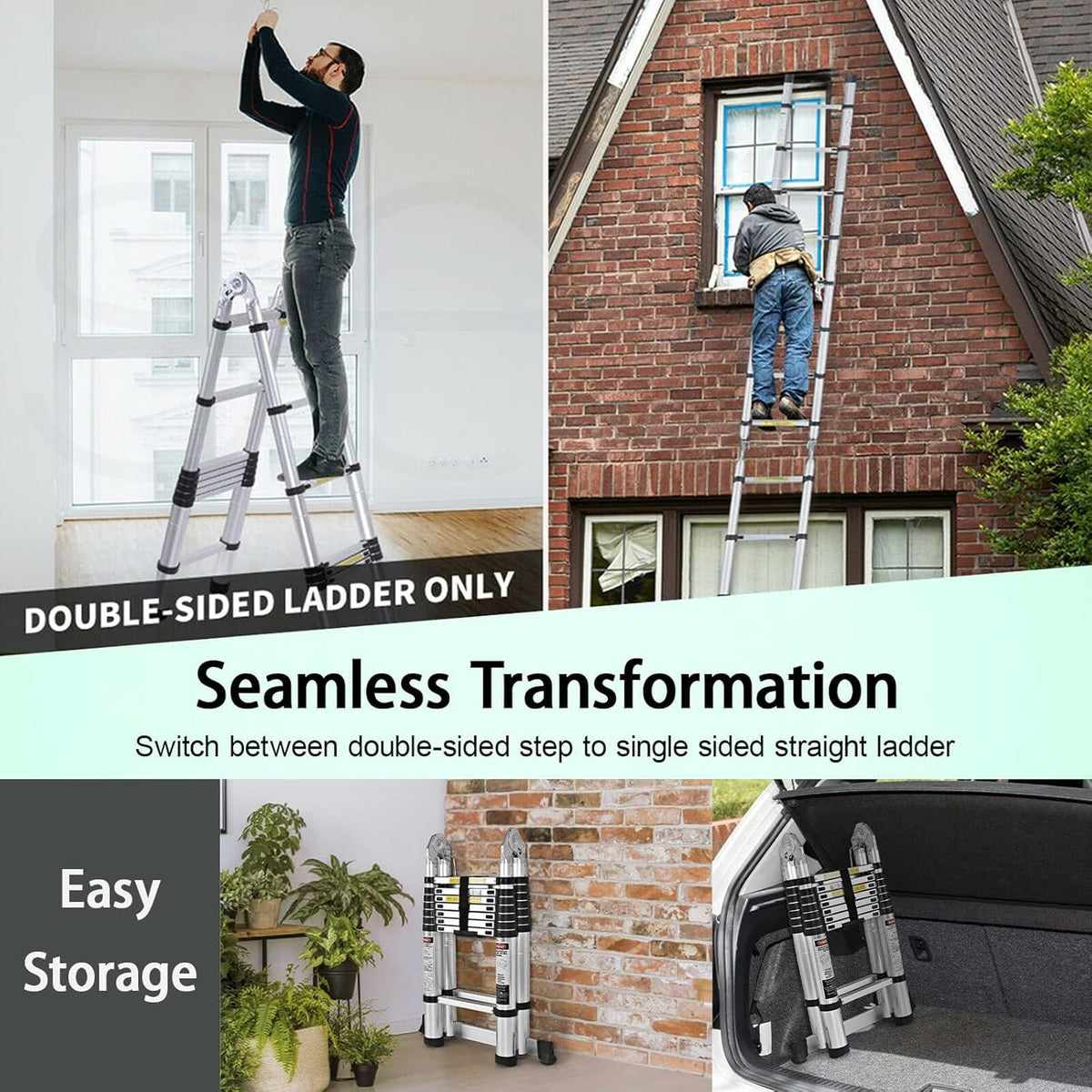 Nictemaw Multifunctionele ladder, 2-in-1 vouwladder, 5 m, telescopische ladder van aluminium, 150 kg belastbaarheid, 16 sporten
