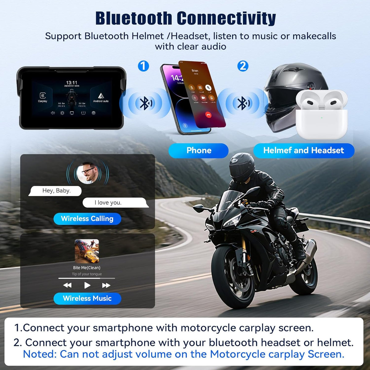 Draagbaar CarPlay GPS-scherm voor motorfietsen met draadloze CarPlay Android Auto, 5 inch navigatie voor motorfietsen, waterdicht IP68 met Bluetooth Siri TF-poort + bandenspanningsdetectie