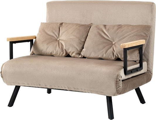 2-zits Slaapbank – Bedbank – Sofa Bed – Logeerbed – Loveseat – Verstelbare Rugleuning 5 standen – Stevig Stalen Frame – Lichtbruin Polyester