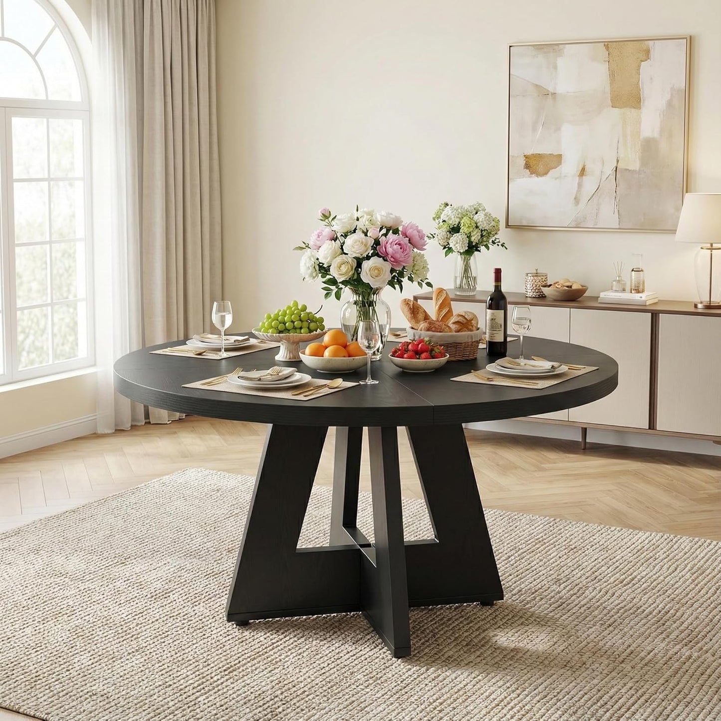 Lailang 120cm Eettafel, Ronde Eetkamertafel, Industrial Dining Table, Houten Eettafel, Dining Table for 4, Modern Eetkamertafel, 120 x 120 x 75 cm, Black