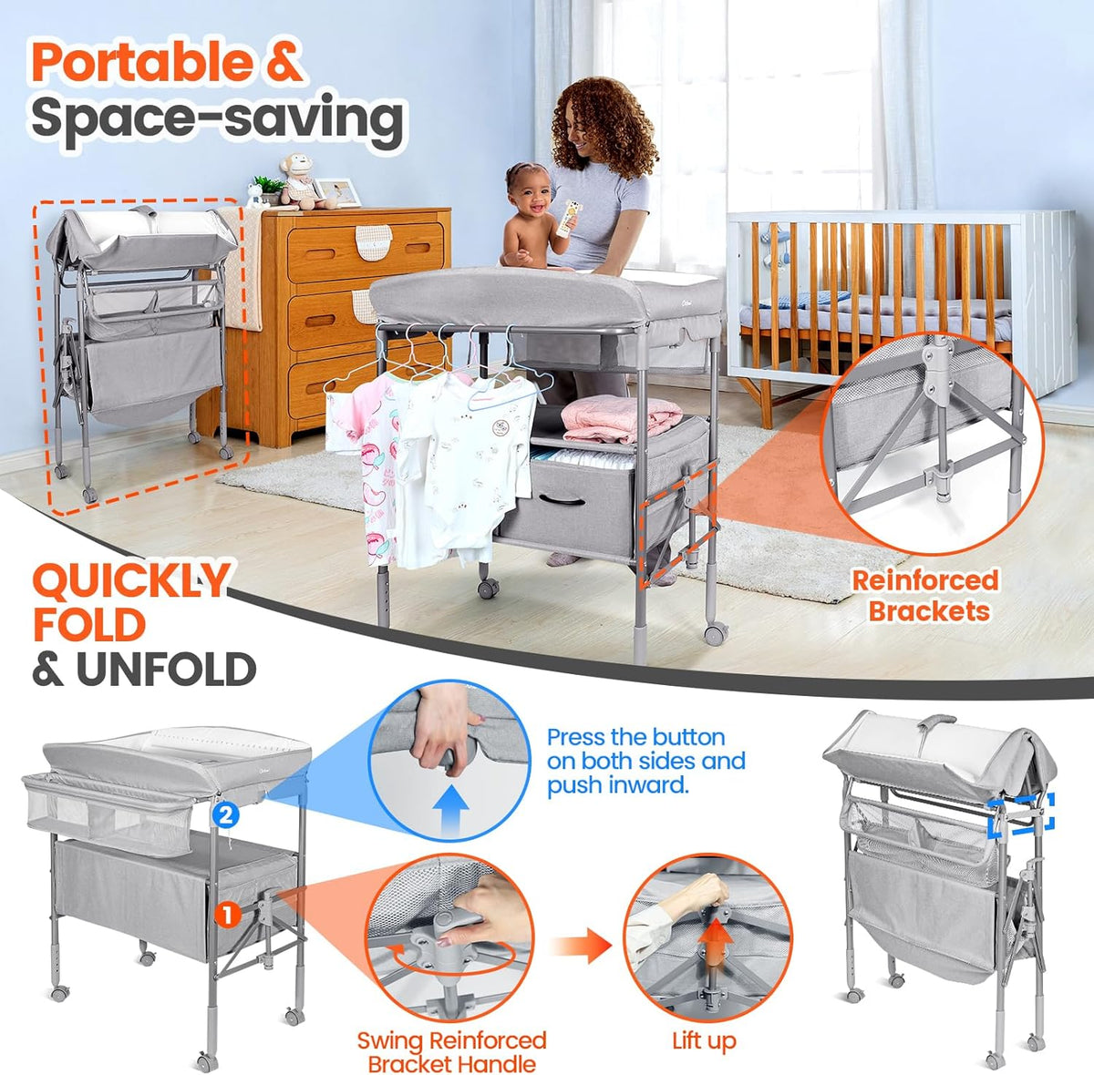 Orzbow Draagbare Baby Luiertafel met Laden en Nachtlampje, in Hoogte Verstelbaar Babyverschoontafel met Veiligheidsgordel, Opvouwbaar en Mobiel Verzorgingstafel, Ruime Opbergruimte, Grijs