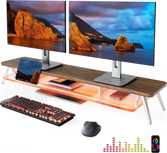 Fenge Monitorstandaard met plank van acryl, monitorverhoger met 2 niveaus met ledlicht, bestuurbaar via app, computerhouder voor telefoon/hoofdtelefoon, belasting 45 kg (Bruin)