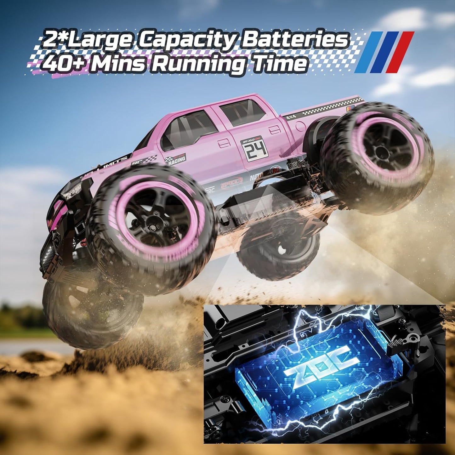 DEERC 1:10 Snelle afstandsbedieningsauto voor volwassenen, 4x4 Hobby RC Monstertruck, 48+ km/u, All Terrain High Speed RC Truck Crawler in roze met 2 accu's, speelgoedvoertuig voor kinderen
