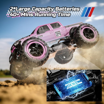 DEERC 1:10 Snelle afstandsbedieningsauto voor volwassenen, 4x4 Hobby RC Monstertruck, 48+ km/u, All Terrain High Speed RC Truck Crawler in roze met 2 accu's, speelgoedvoertuig voor kinderen