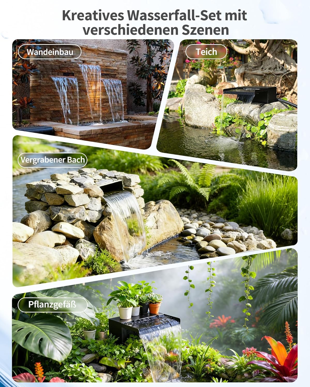 POPOSOAP Watervalvijver, 55 W zonne-waterval met vijverpomp 2000 l/u, 20 cm brede roestvrijstalen watervalbox, 3,0 m golfbuis, gebruiksklaar voor tuinvijverwaterfuncties buiten