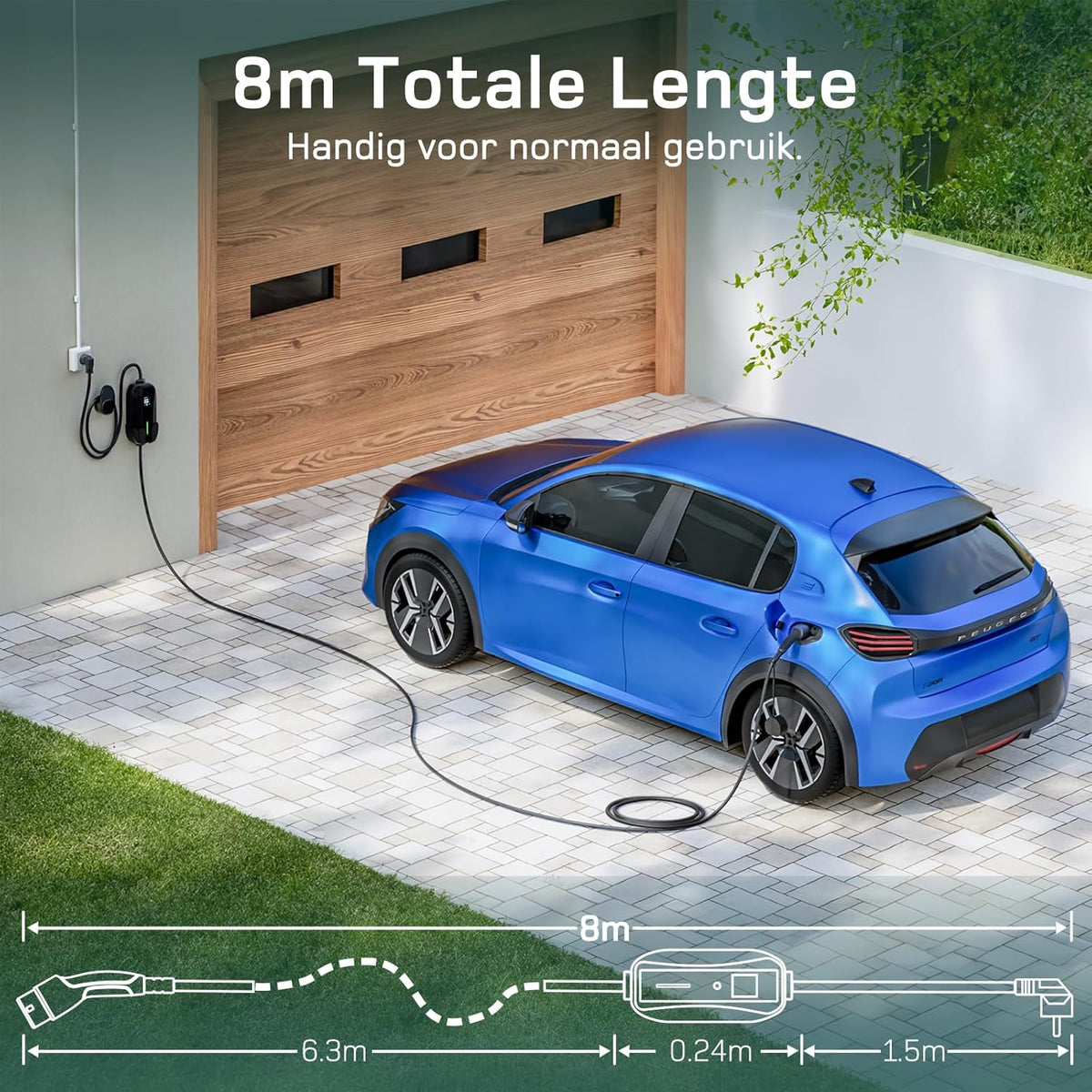dé Type 2 laadkabel Schuko 3,68kW [1-fase, 8m, 6-16A], EV-laders met regelbaar digitaal display voor elektrische auto's, EV-lader voor 3008/508, C5X, Q3, X3, ZOE, ID.3, ID.4 en andere PHEV/EV