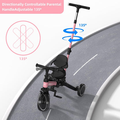 XJD 5-in-1 driewieler, loopfiets vanaf 1 jaar met duwstang voor kinderen vanaf 1 - 4 jaar, loopfiets met afneembare pedalen en verstelbare zitting, kinderdriewieler, babyfiets (roze)