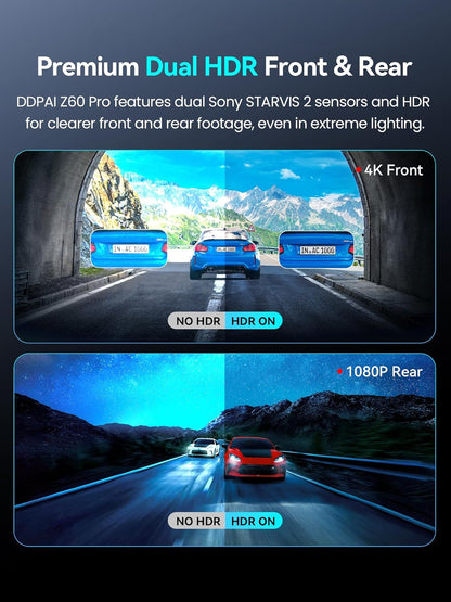 DDPAI Dashcam 4K+1080P Dual STARVIS 2 IMX678 60FPS HDR Dashcam Auto Voor en Achter met 32GB eMMC, AI-ISP Nachtzicht, 4G LTE Ondersteuning, 5GHz WiFi GPS, 24H Parkmodus, 3" IPS Display, Z60 Pro