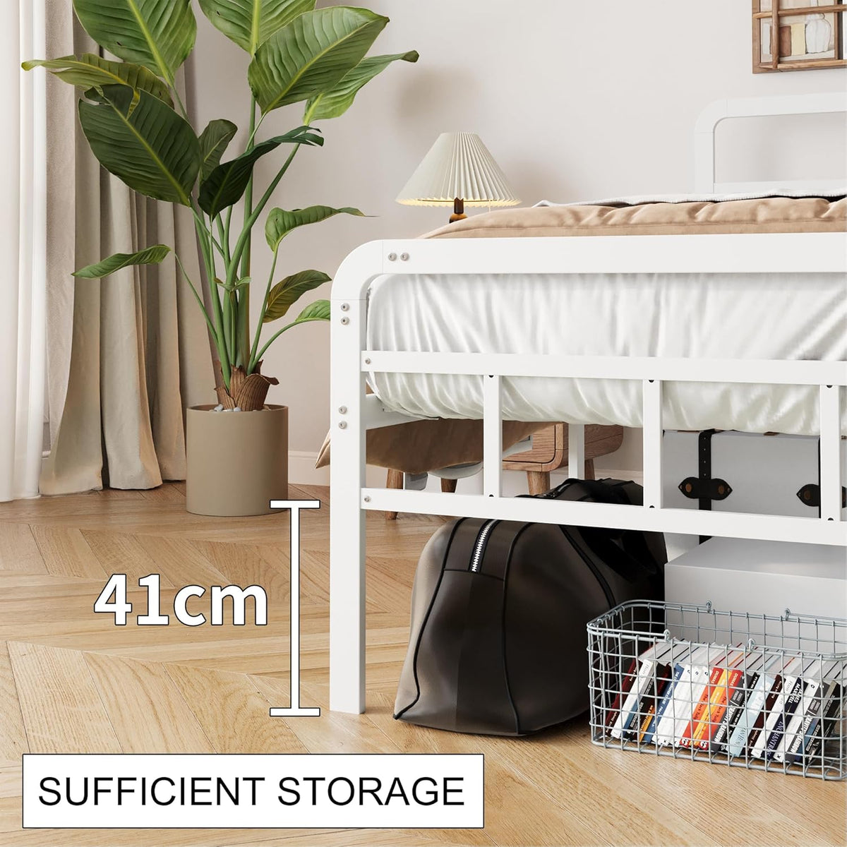 Bedframe 160 x 190 met Hoofdbord en Voeteneind, 46 cm Hoogte Metaal Tweepersoonsbed met Zware Metalen Lattenbodem, Minimalistisch Ontwerp, Eenvoudig te Monteren, Geluidsarm, Wit