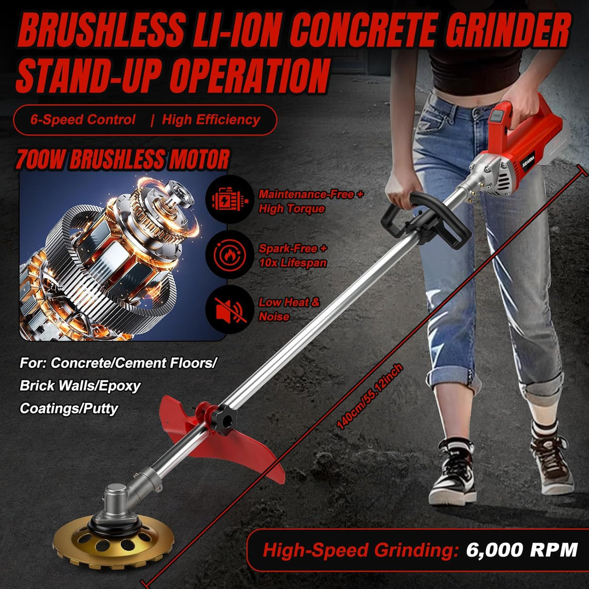 Betonschuurmachine voor Makita 18 V accu, lange handgreep, 700 W, betonfrees met beschermkap, 180 mm, diamantslijpkop voor betonfrees, saneringsfrees, muurfrees, poetsfrees
