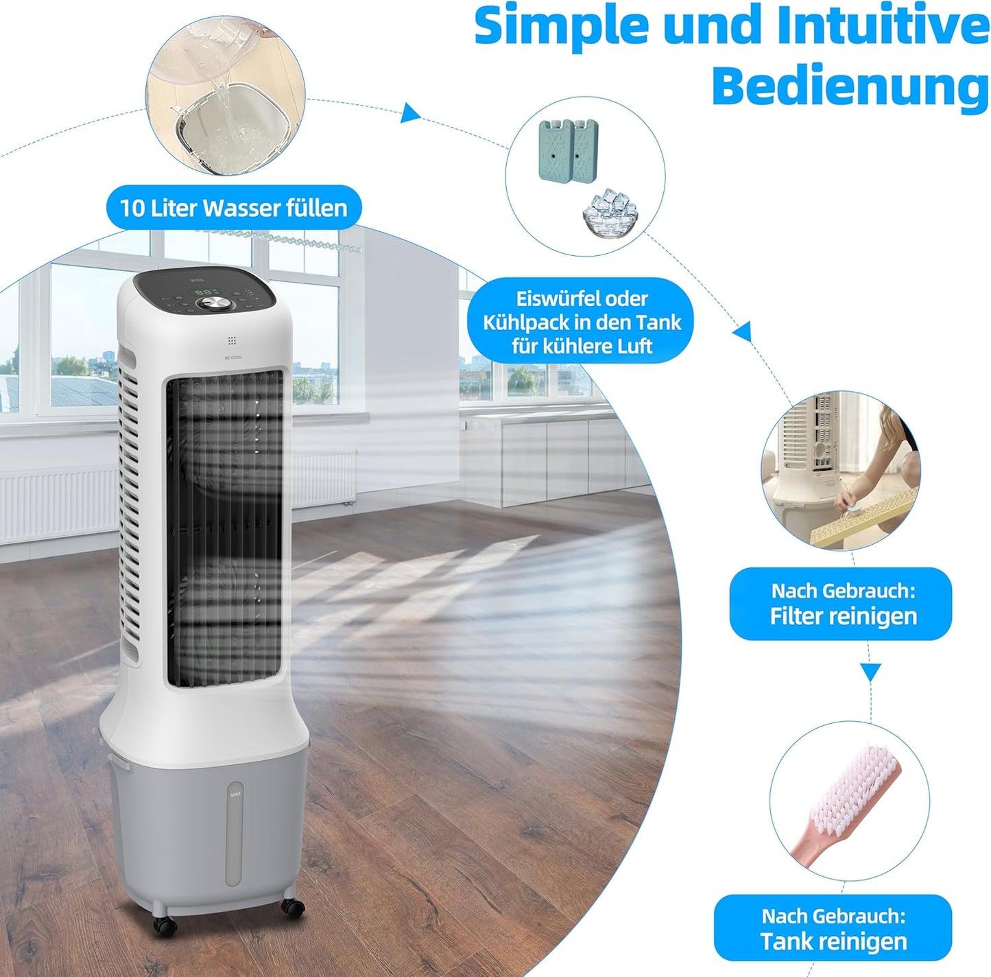 BE COOL Premium torenluchtkoeler met waterreservoir van 10 liter en wifi, 38 W, 24 snelheden, 3 windmodi, 12,5 m luchtstroombereik, led-display, afstandsbediening, timer, droogluchtfunctie