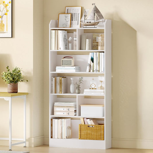 Hzuaneri 6 Tier Bookcase and Bookshelf, Freestanding Display Organizer with 8 Divided Sections, for Home Office, Living Room and Bedroom, 24 x 80 x 170cm, White, BC11803X