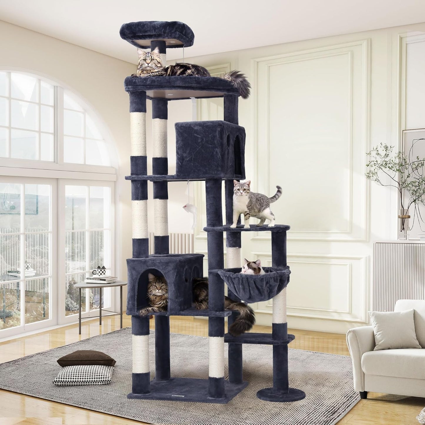 Krabpaal – Kattentoren – Krabmeubel – Kattenboom – XXL Krabpaal – 213 cm Hoog – Donkergrijs – 2 Grote Kattenhuisjes – Sisal Krabpalen – Stabiel En Luxe
