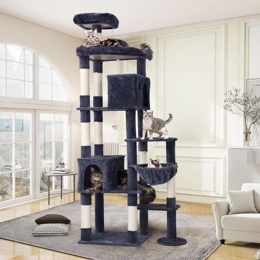 Krabpaal – Kattentoren – Krabmeubel – Kattenboom – XXL Krabpaal – 213 cm Hoog – Donkergrijs – 2 Grote Kattenhuisjes – Sisal Krabpalen – Stabiel En Luxe