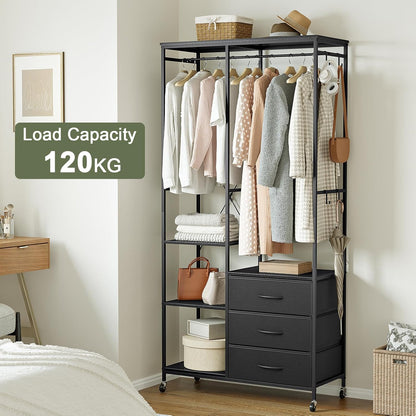 Kledingrek – Open Garderobe – Kledingwagen – Kledingrail – Kledingkast – Zwart Stalen Frame – 3 Laden & Verstelbare Plank