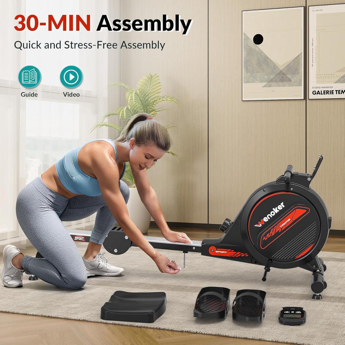 Rowing Machine, Wenoker Magnetic Rowing Machine for Home, 350lbs Weight Capacity, Smooth Whisper Quiet with LCD Monitor Tablet Holder and Comfortable Seat Cushion, Compact and Save Space - QUORE