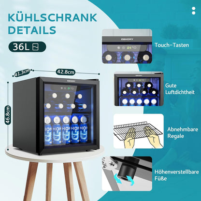 EUHOMY Drankkoelkast, mini-koelkast met glazen deur, bierkoeler, tafeldrankkoelkast voor 55 blikjes, zwart, vrijstaande koelkast met led, 38 dB, voor kantoor, kamer, bar, 36 l, geluidsarm