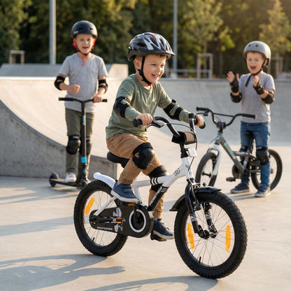 PROMETHEUS BICYCLES Kinderfiets, 16 inch vanaf 5 jaar, kinderfiets, meisjes, jongens, fiets met steunwielen, terugtraprem, in wit en zwart